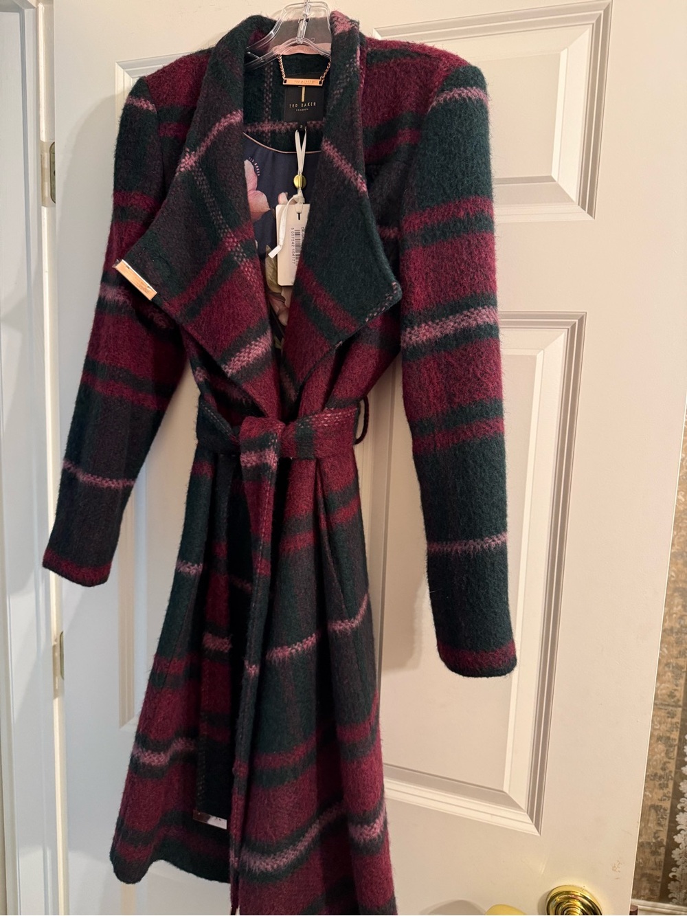 Ted Baker Burgundy and Dark Green Plaid Long Sleeve Wrap Coat Dress